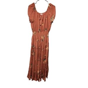 Kindred 2X Rust Orange Floral Embroidered Maxi Dress Boho Peasant Tiered Plus